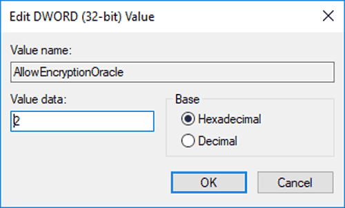 Image showing AllowEncryptionOracle registry entry being set to a value of 2