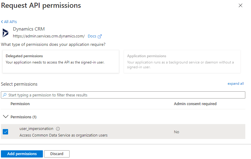 Image of API Permissions being set on an Azure App Registration