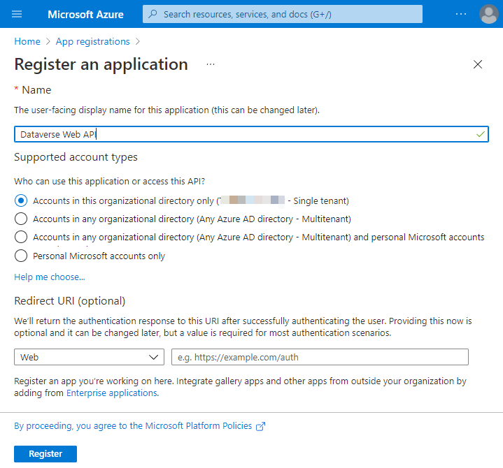 Image of Azure App Registration for Web API Access to Dataverse