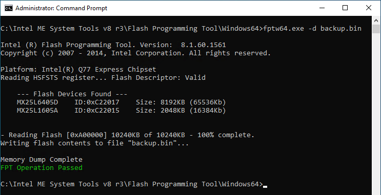 Image of FPTW tool making a backup of a Lenovo BIOS