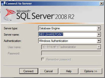 Connect to SHAREPOINT database on SBS 2011 with SQL Server Management Studio