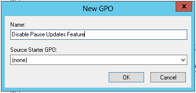 Image showing creation of a new Group Policy Object to disable the Pause Updates Feature of Windows 10 May 2019 Update