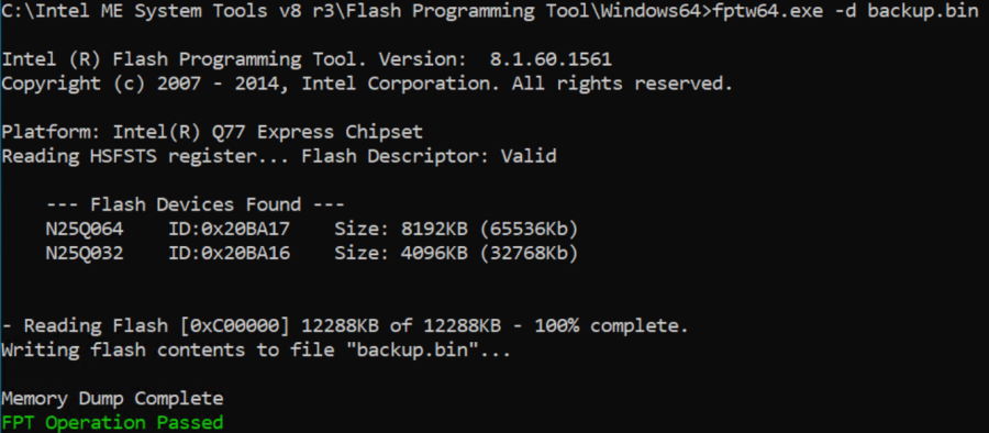Image of Intel Flash Programming tool dumping the BIOS from a Dell Optiplex 7010.