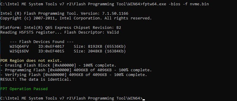 Image of Intel Flash Programming Tool writing an NVMe enabled BIOS to an OptiPlex 790.