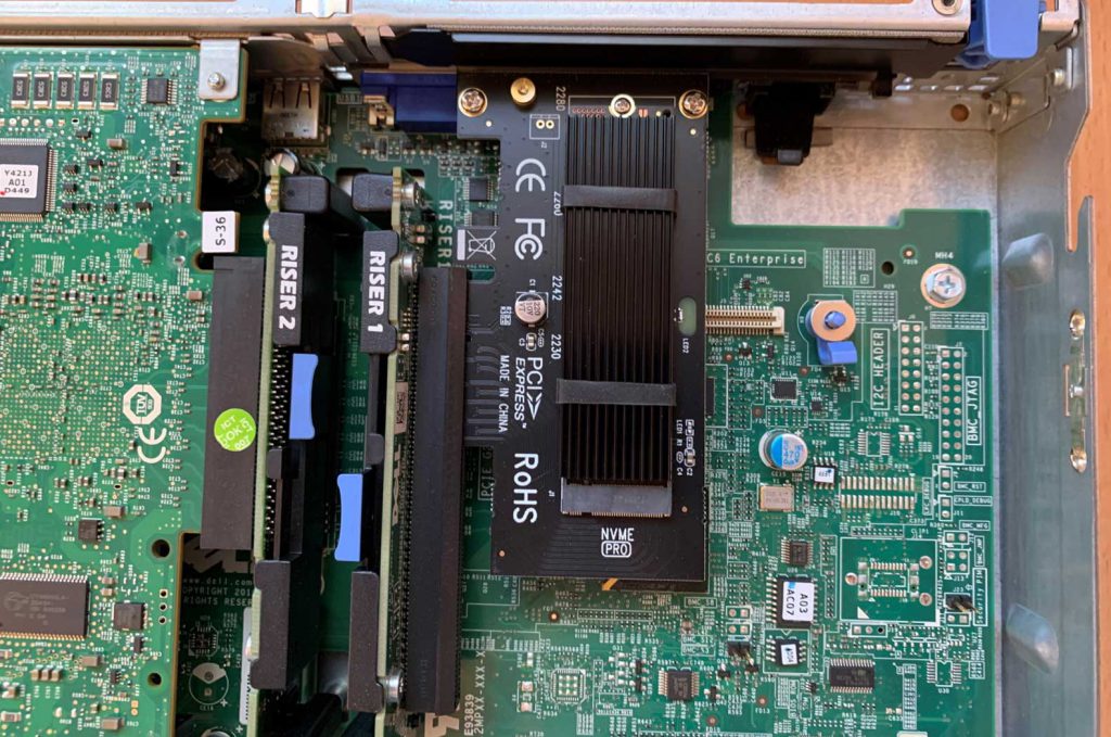 PCI NVMe Adapter installed into an 11th Generation Dell PowerEdge Server