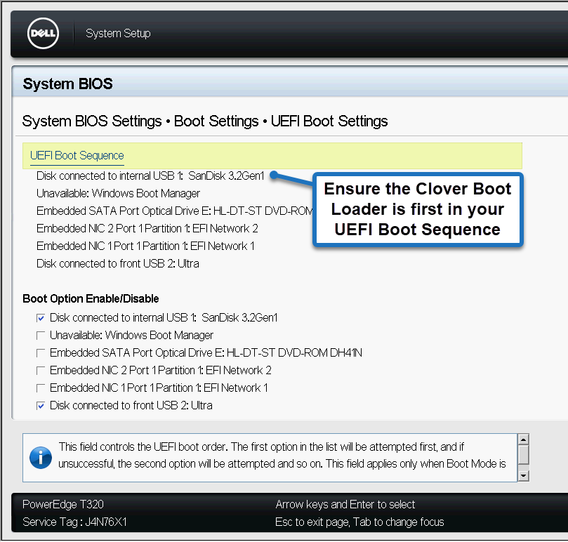 Image of Dell UEFI Boot Settings set to an Internal USB Device containing clover boot loader.