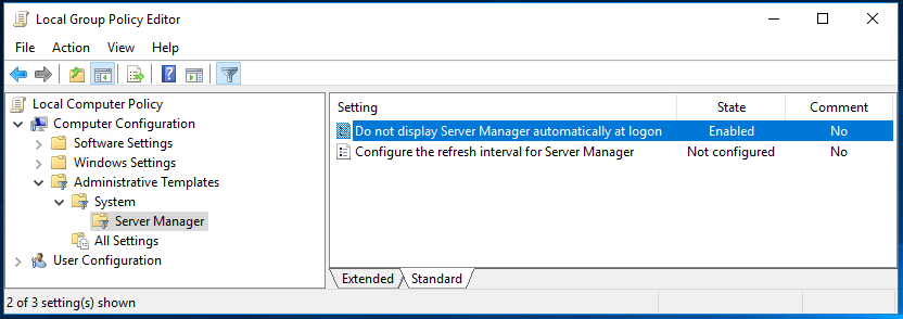 Image showing how to disable server manager at startup using group policy
