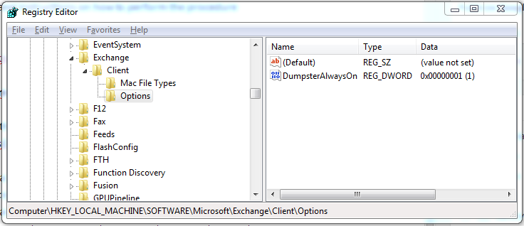 Setting DumpsterAlwaysOn in the registry to enable Outlook to recover hard deleted items.