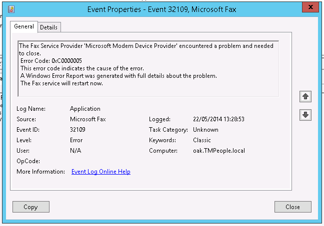 Event 32109 from Microsoft Fax