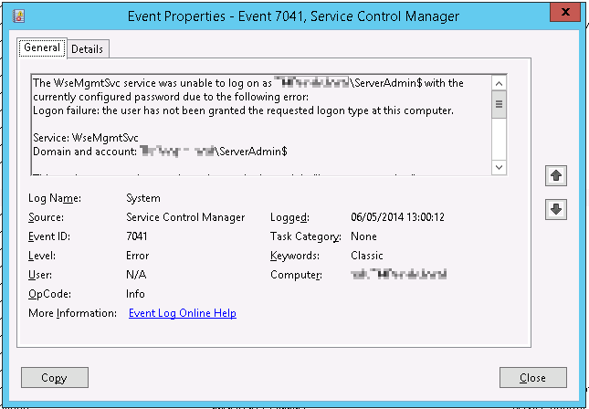 Event 7041 logged when trying to run the Windows Server 2012 r2 Essentials configuration wizard