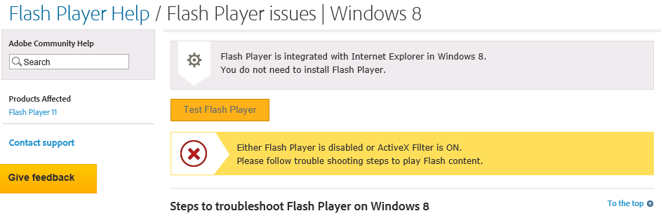 Message from Adobe Website informing you that Flash Player is already installed on Windows Server 2012 r2