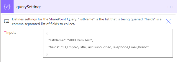 Image of a Compose Action which specifies the query settings for the SharePoint API Query
