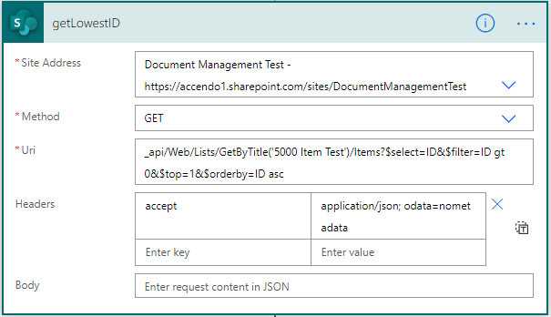 Image showing Sharepoint API being used to find the lowest ID of a row in a SharePoint list