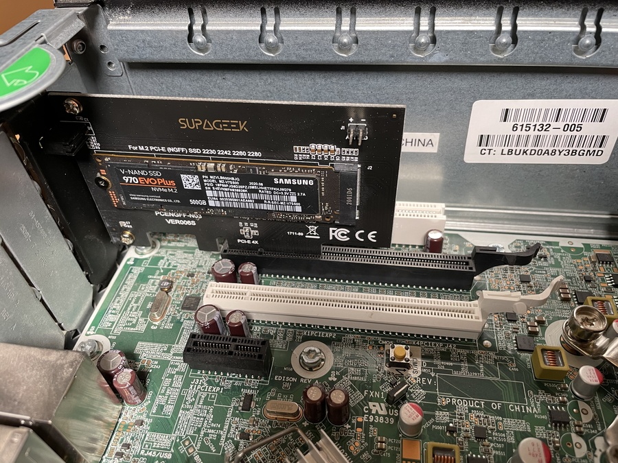 Image of Samsung NVMe SSD installed into a HP Compaq 8300 Elite after boot support has been added.