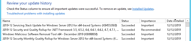 Image showing KB4532920 installed successfully. The update which caused a reboot loop.