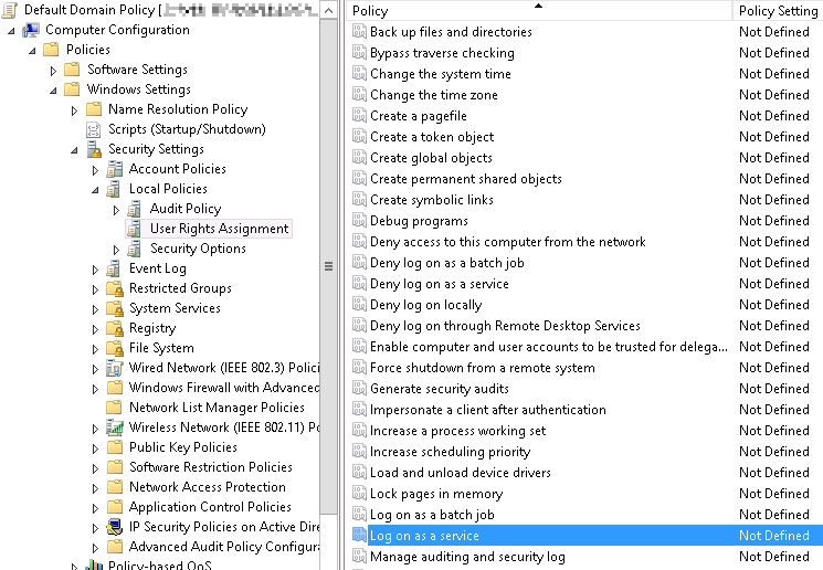 Defining the group policy settings "Logon as a service"