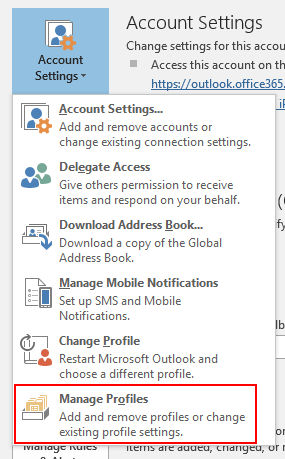 Manage mail profiles from within Outlook 2016
