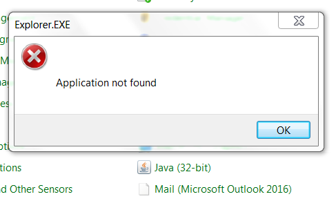 Error message when trying to run the mail applet from Microsoft Outlook 2016 "Application not found"