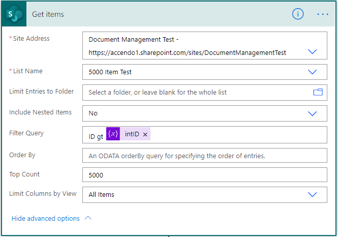 Image showing how to configure the get Items action to get 5000 rows from SharePoint Online