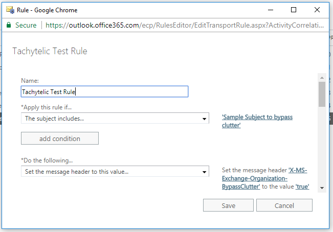 Screenshot showing Office 365 Transport Rule to exclude messages from clutter