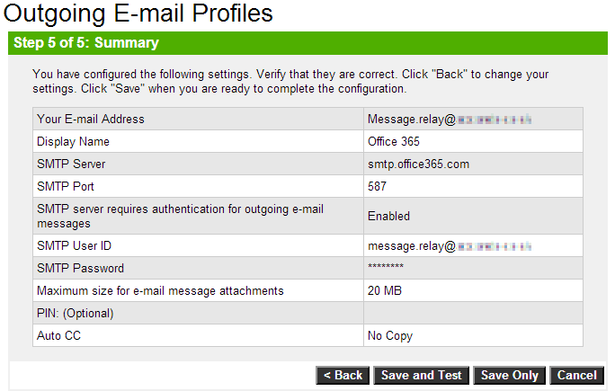 HP Officejet 8600 Email Profile Setup - Step 5 Summary