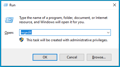Image showing run dialog in Windows 10 to open the registry editor