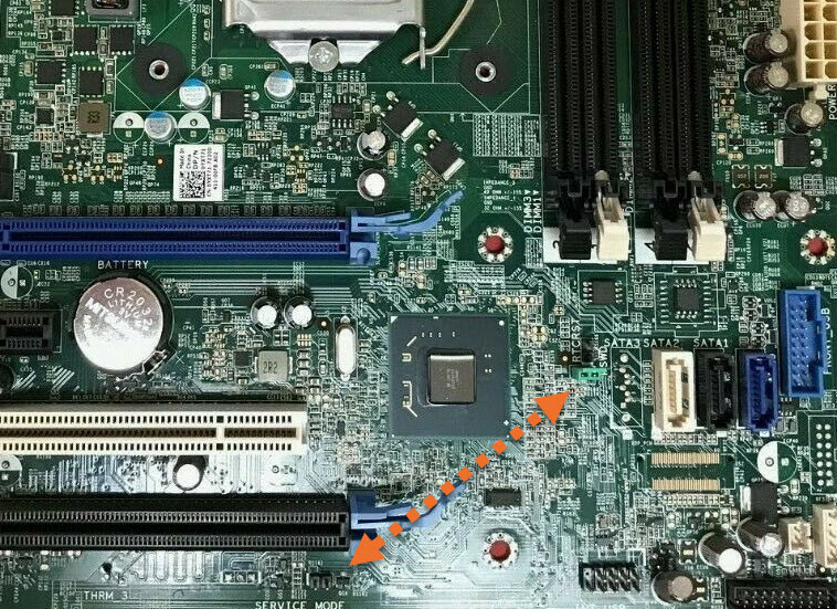 Password Reset and Service Mode Jumpers from a Dell OptiPlex 7010 Mini Tower Motherboard