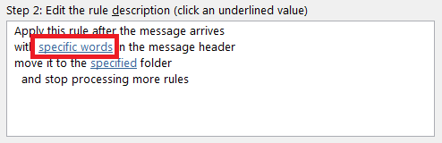 Specifying specific words to search for in the message header of an Outlook message