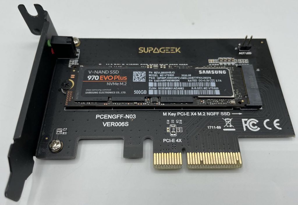 Image of Samsung NVME SSD Installed onto a PCI NVMe Adapter.