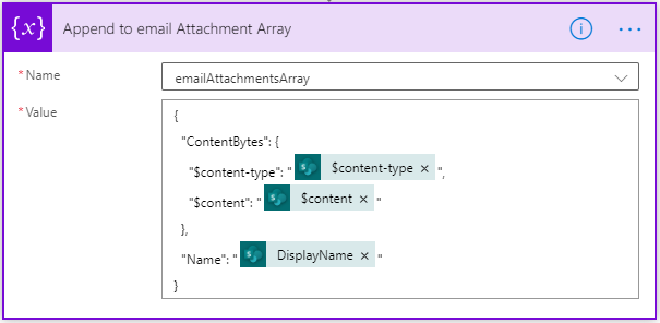 Image of Power Automate array containing multiple email attachments.