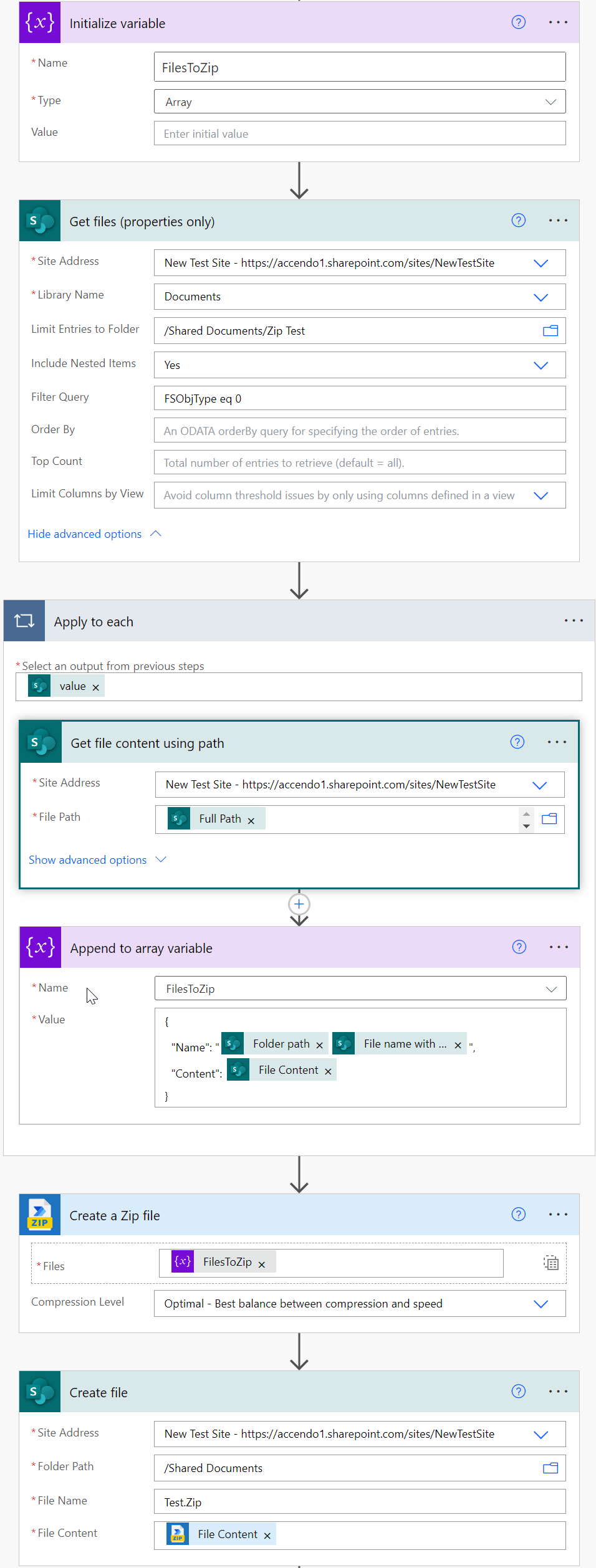 Example Power Automate Flow that shows how to Zip multiple files from a SharePoint document Libray.