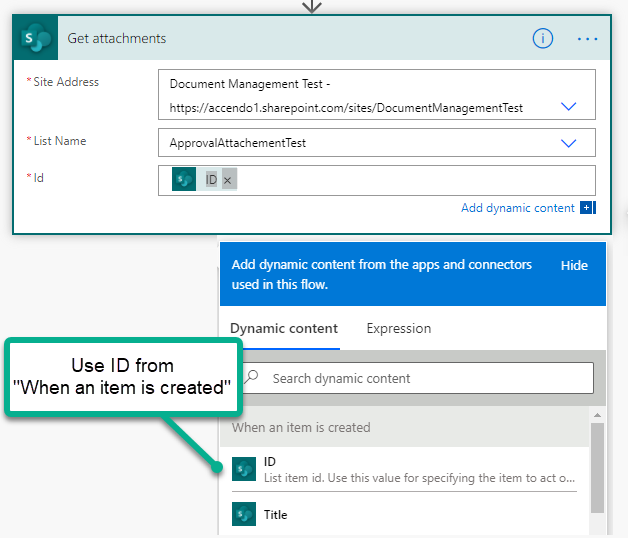 Image of Get attachment action in Microsoft Power Automate to pull attachments from a SharePoint list.