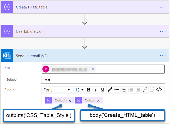 Image showing how to insert CSS Into a HTML Table generated by Power Automate