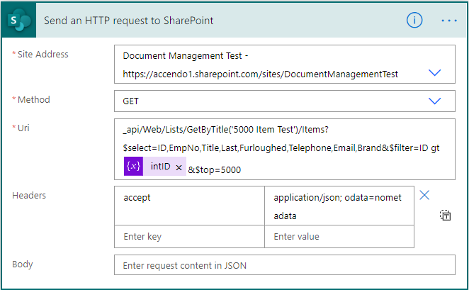 Image of the Power Automate action "Send an HTTP Request to SharePoint" accessing the GetByTitle method