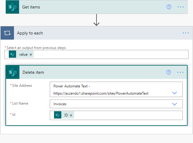 A image of a Power Automate flow used to delete items from a SharePoint list.
