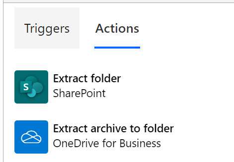 Image showing available actions to extract Zip archives in Microsoft Power Automate.