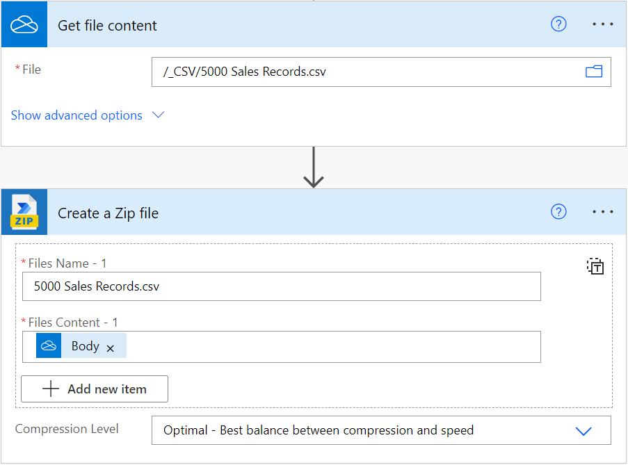 Image of Power Automate action that allows you to create zip files easily.