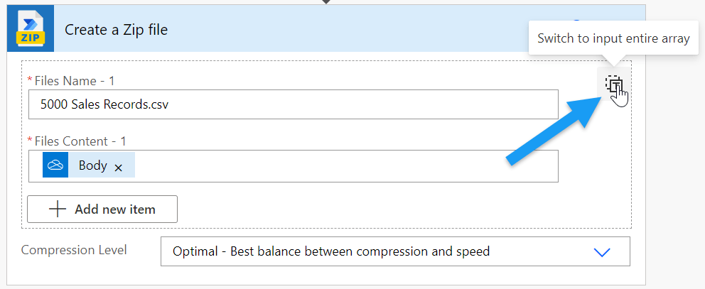 Image showing how to change the Zip action to entire array mode to process multiple files.