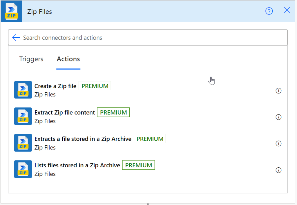 Image showing the available actions to work with Zip Files in Power Automate Custom Connector.