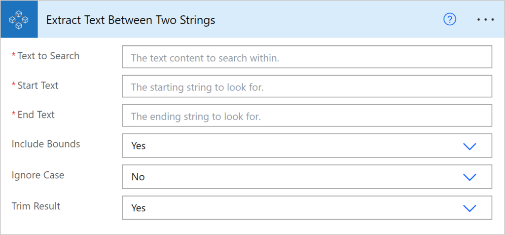 Image of a Power Automate Action that extracts a single instance of text found between two strings.