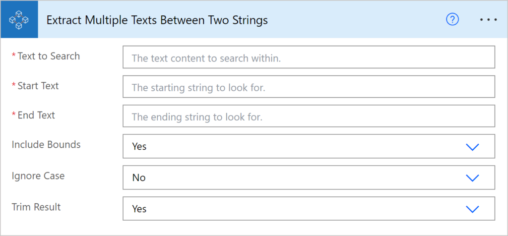 Image of a Power Automate Action that extracts a multiple instances of text found between two strings.