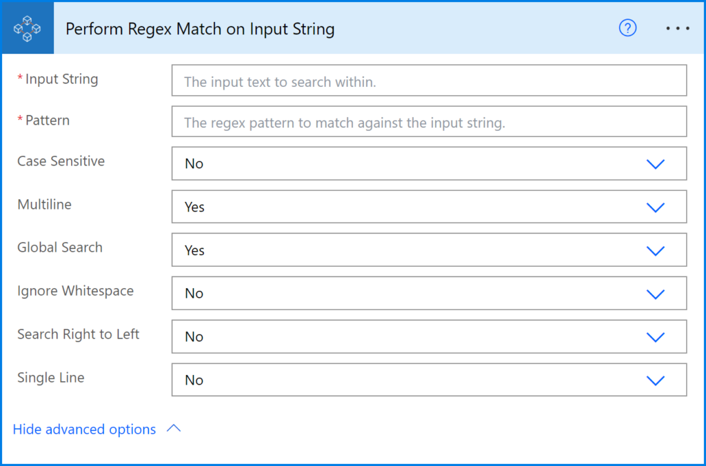 Image of a Power Automate action that performs a regular expression match