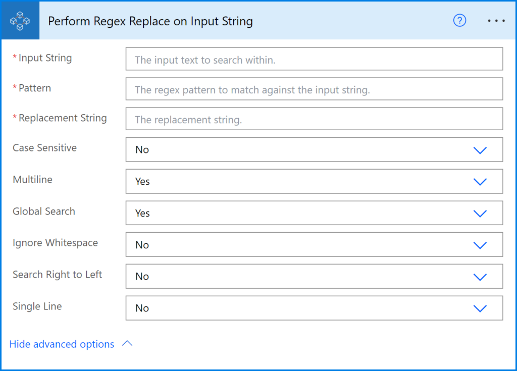 Image of a Power Automate action that uses a regular expression to perform a text replacement.