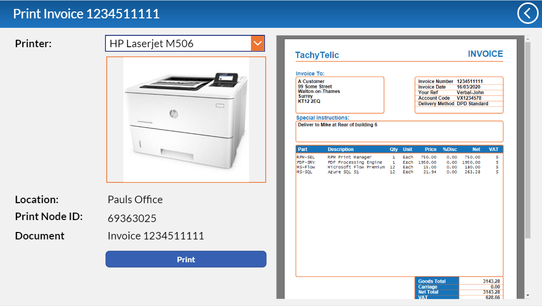 Image of a screen from PowerApps which is used to preview a PDF document and then print it to an on-premise printer.