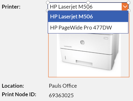 Image of printer selection screen from PowerApps