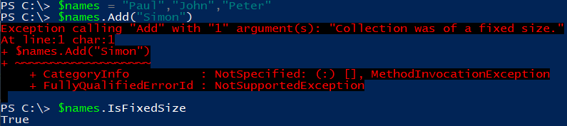 Image showing error when trying to add an element to a fixed sized Powershell Array.
