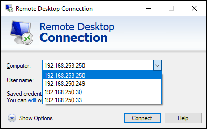Image of Remote Desktop Client showing connection history