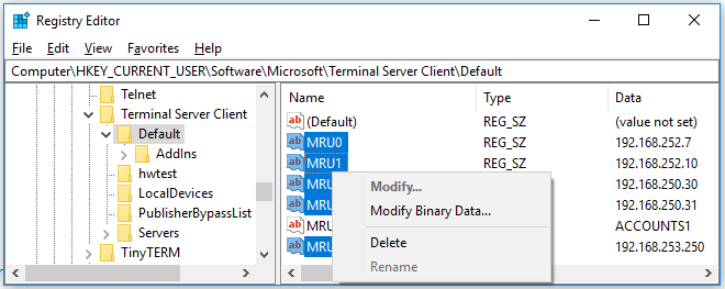 Image showing history of RDP connections in the Windows Registry