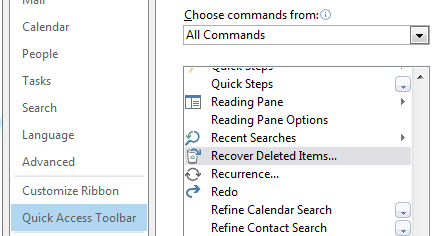 How to add the "Recover deleted items" option to the Outlook 2013 quick access toolbar