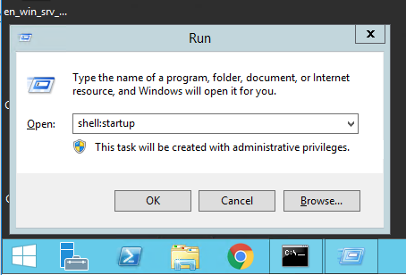 The run dialog box showing how to access the startup folder on Windows Server 2012 and Windows Server 2016